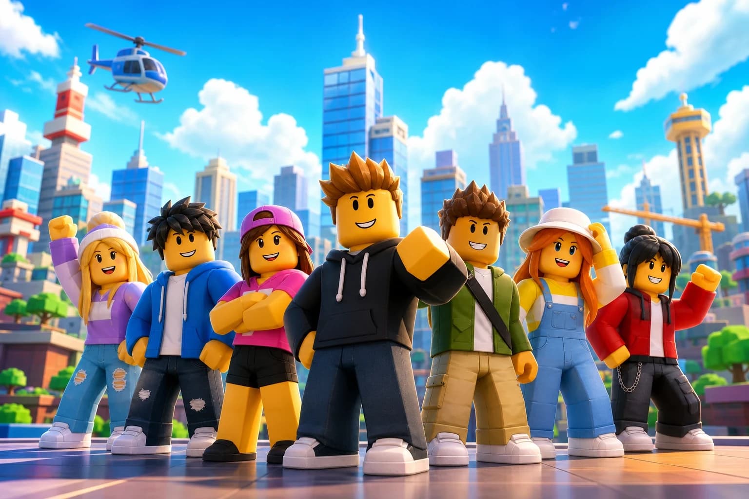 Group of blocky game avatar characters in front of a bright city skyline