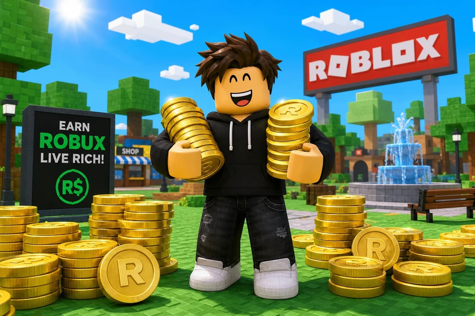 Happy Roblox avatar holding stacks of gold Robux coins in a park