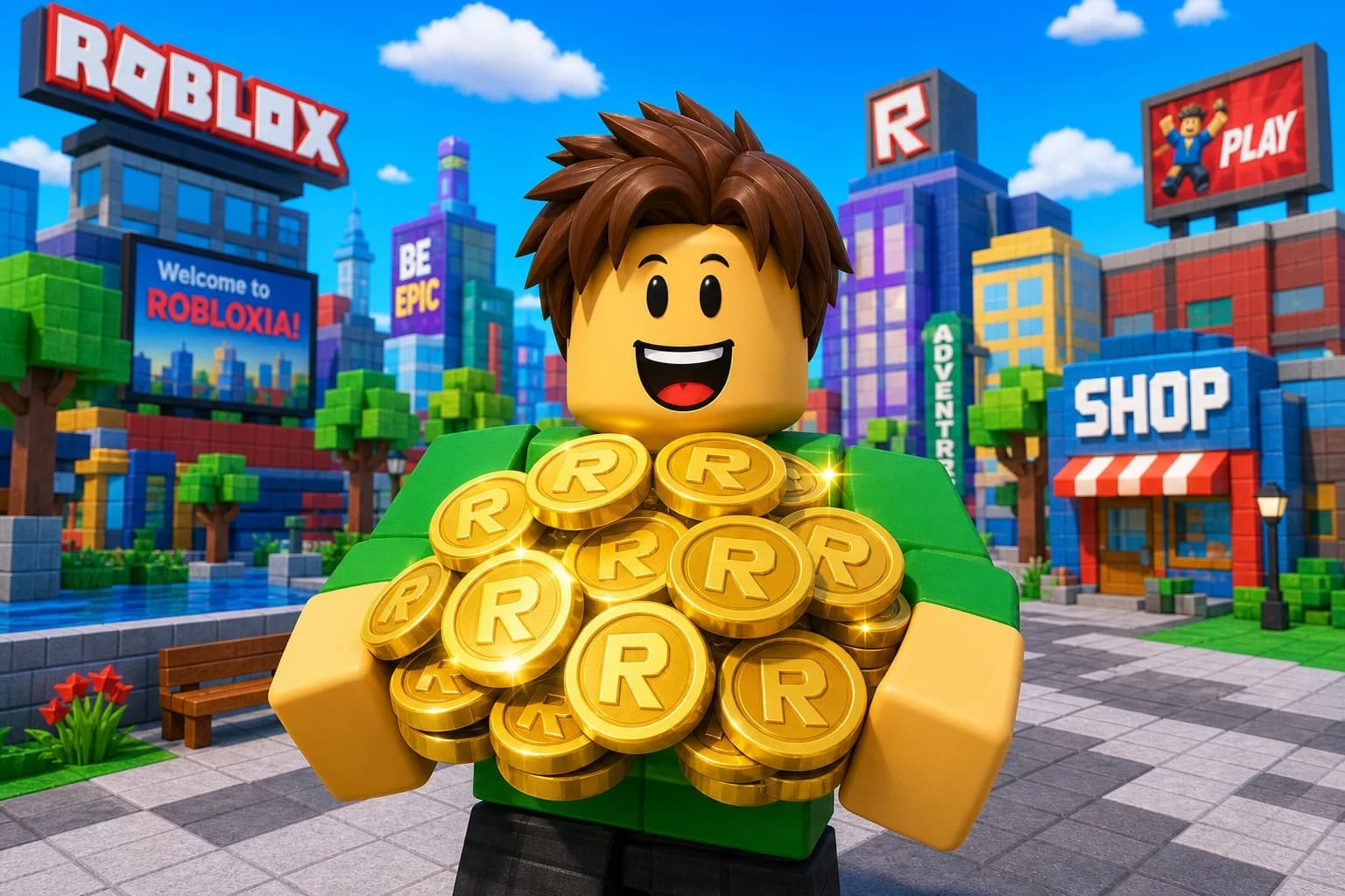 Roblox avatar holding a pile of gold Robux coins in a city