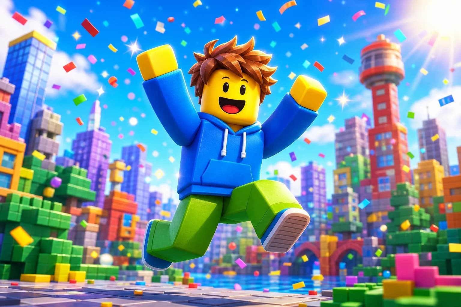 Happy blocky game avatar character celebrating with confetti in a colorful city