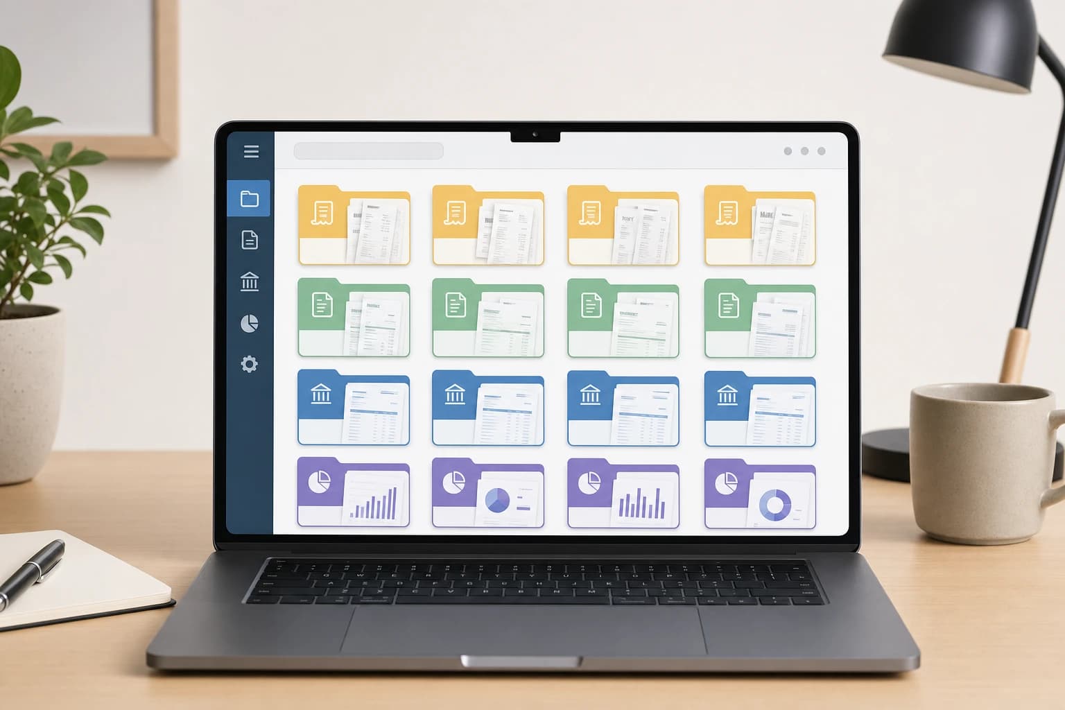 A visual example of monthly bookkeeping folders for invoices receipts statements and reports
