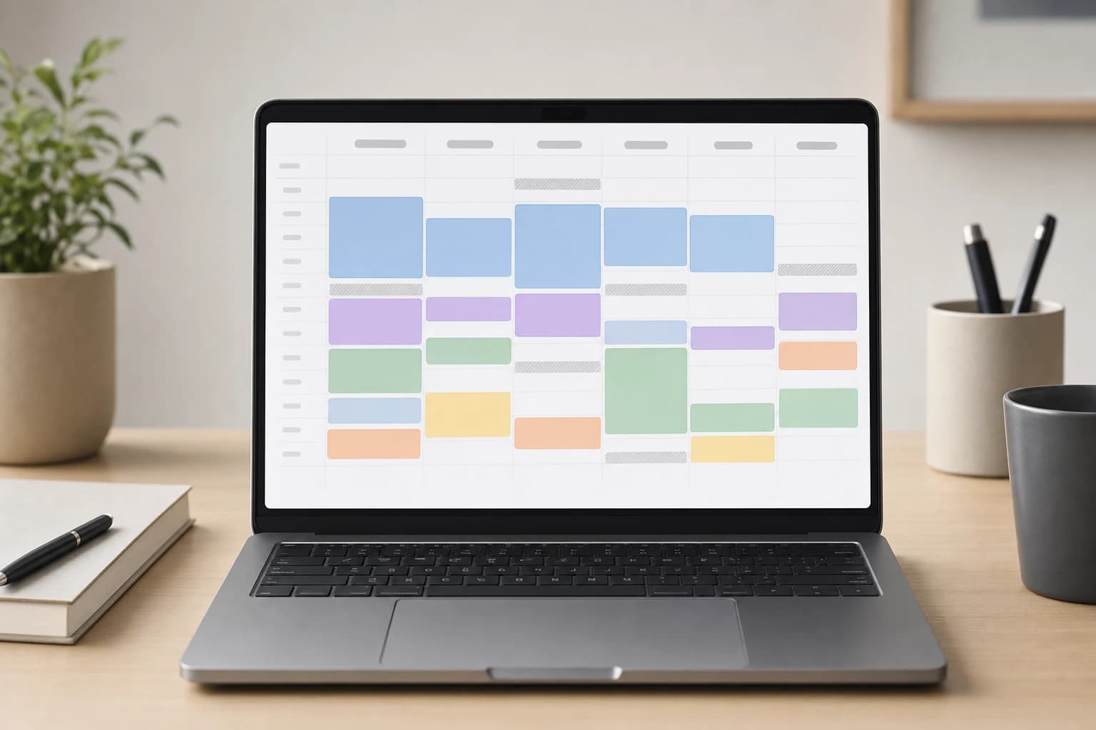 A weekly Google Calendar style layout with colored blocks for focus work, admin tasks, meetings, and breaks