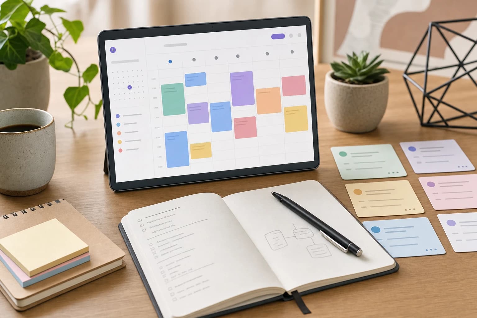 Calendar planning view with freelance tasks arranged into time blocks