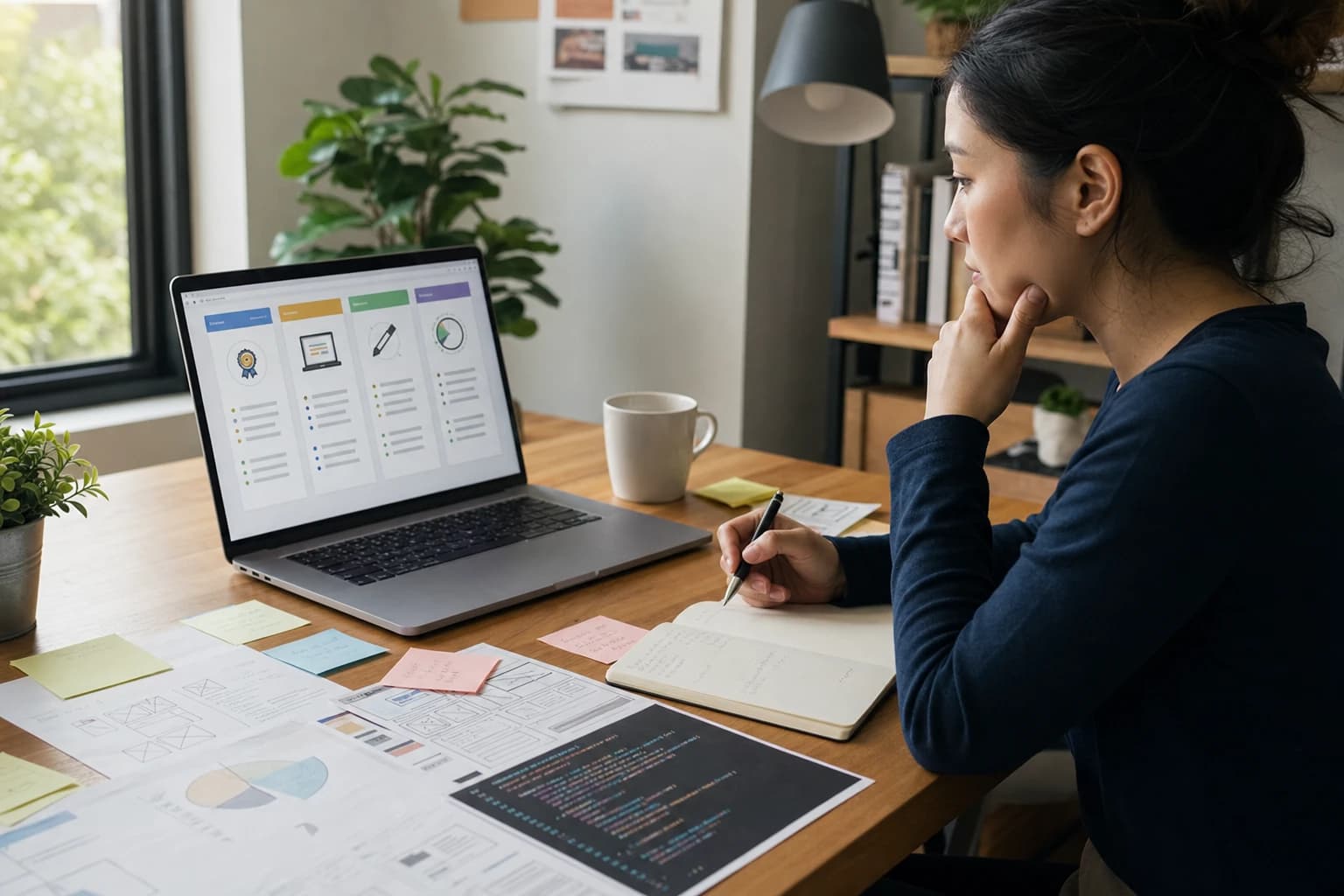 Career changer comparing online certification paths and portfolio projects on a laptop