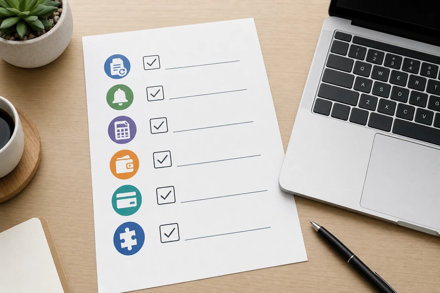 Checklist of invoicing software features including reminders, estimates, expenses, and integrations