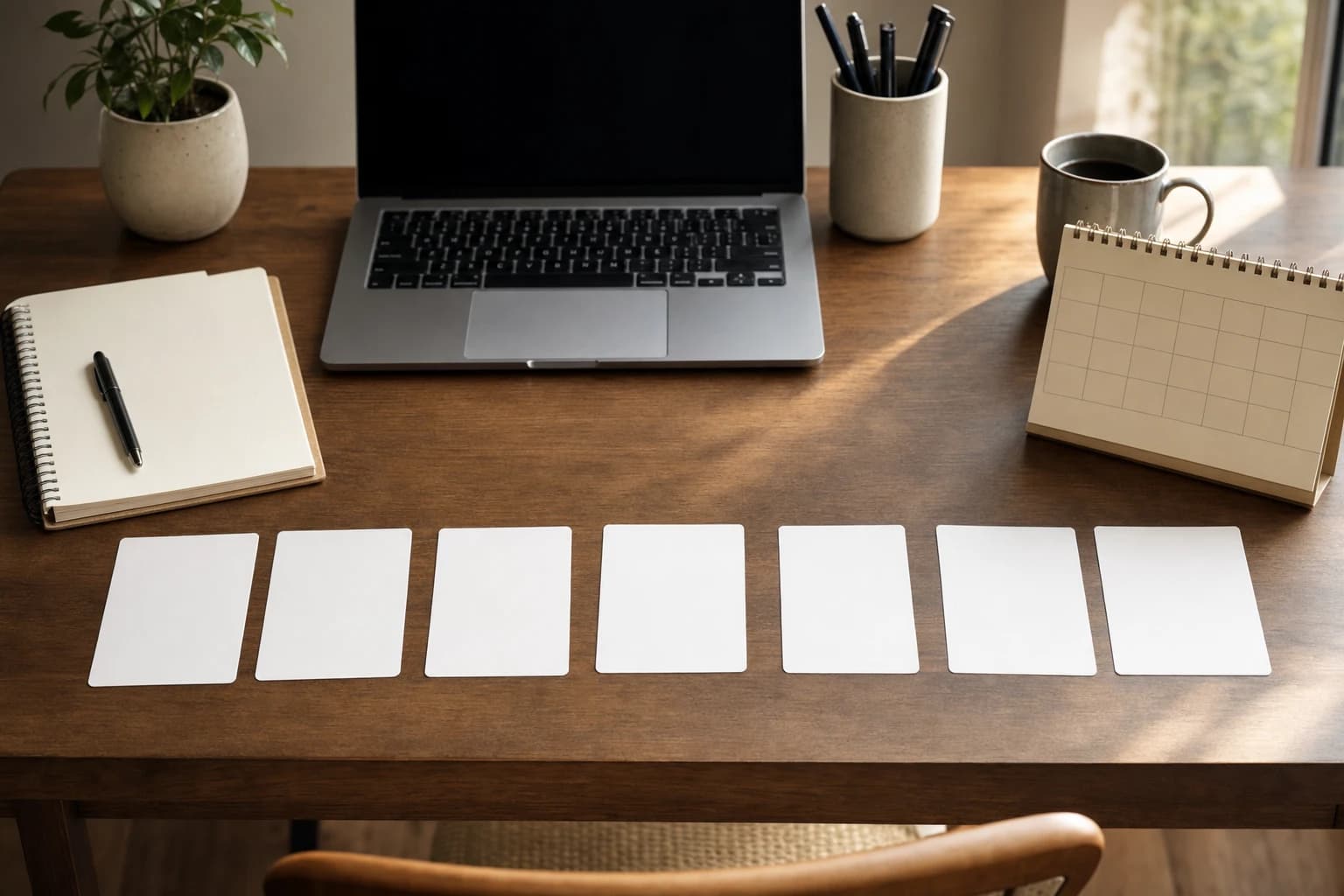 Desk with a large project plan divided into seven daily action cards