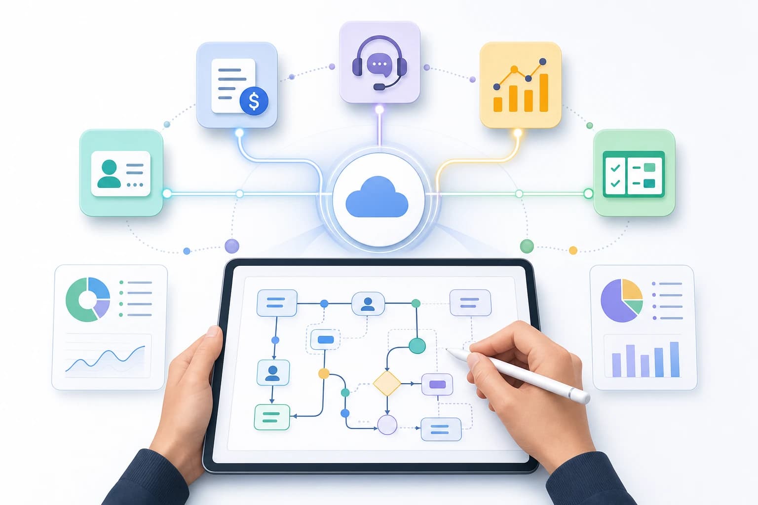 Founder mapping SaaS integrations between CRM, billing, support, and analytics tools