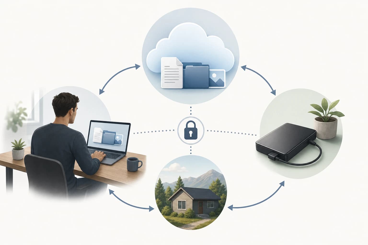 Freelancer backup workflow showing cloud storage external drive and separate backup copy