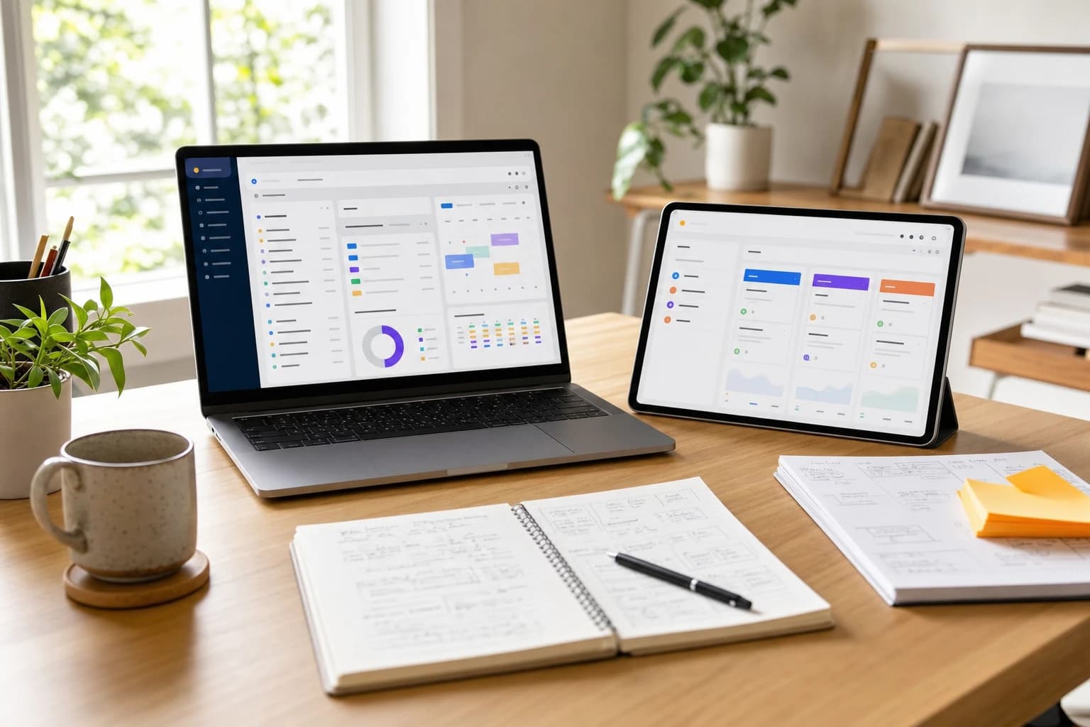 Freelancer desk showing two task management dashboards on a laptop and tablet