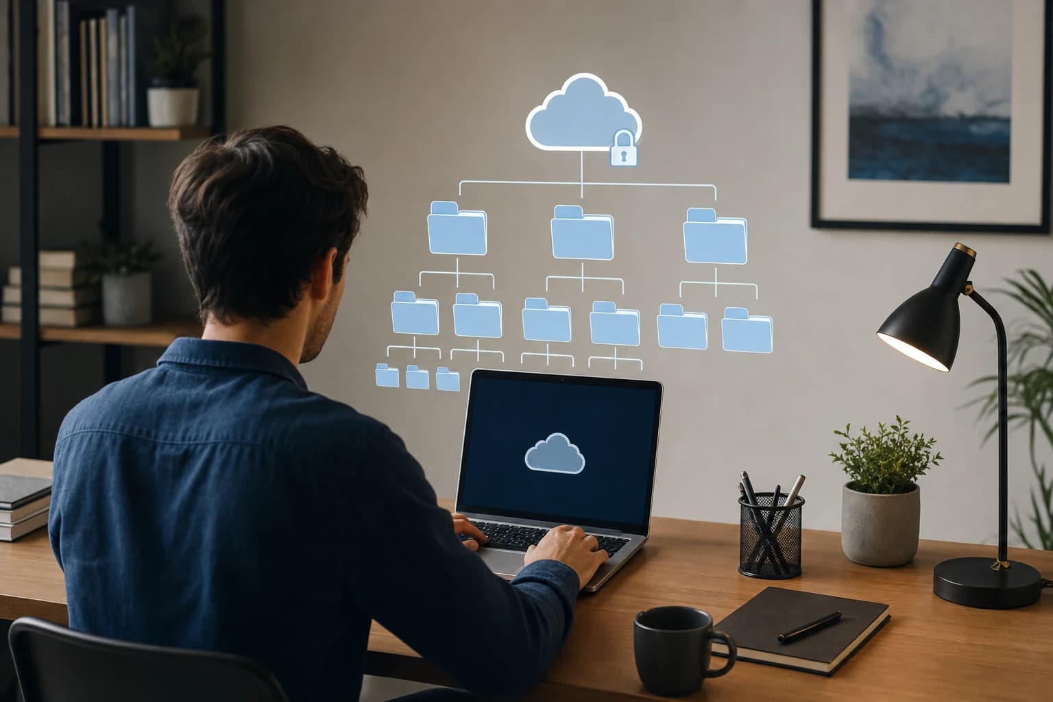 Freelancer organizing client folders in cloud storage on a laptop