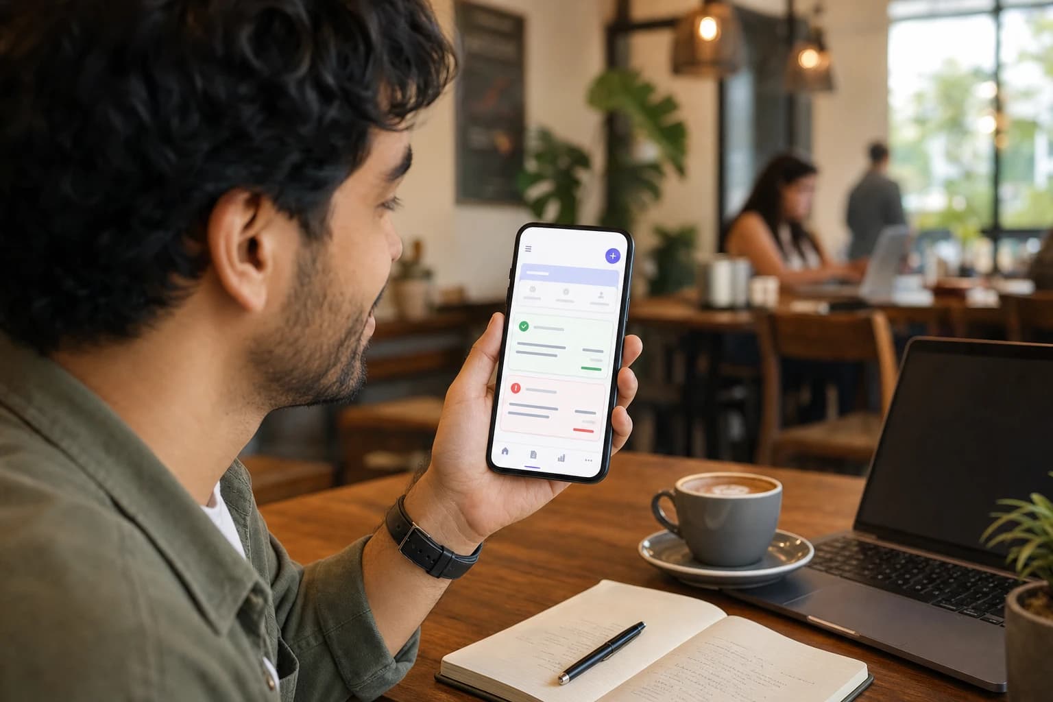 Freelancer reviewing paid and overdue invoices on a mobile invoicing app
