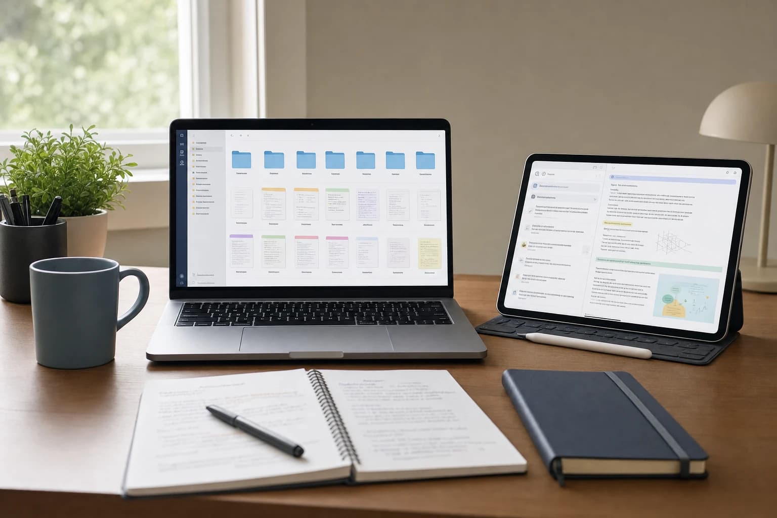 Laptop and tablet showing organized digital notes with search results on a clean desk