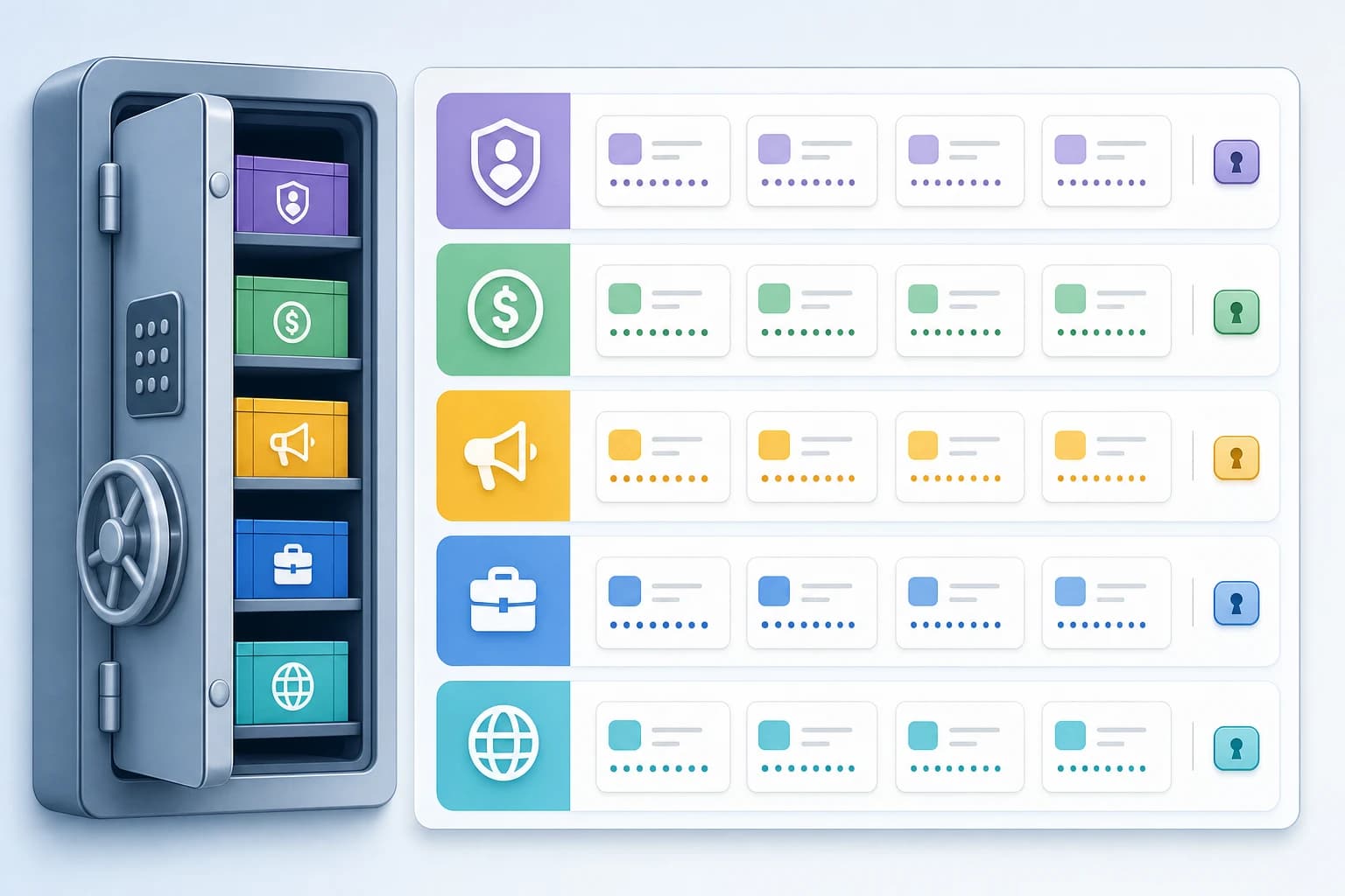 Password manager vault structure diagram showing admin finance marketing and client access groups