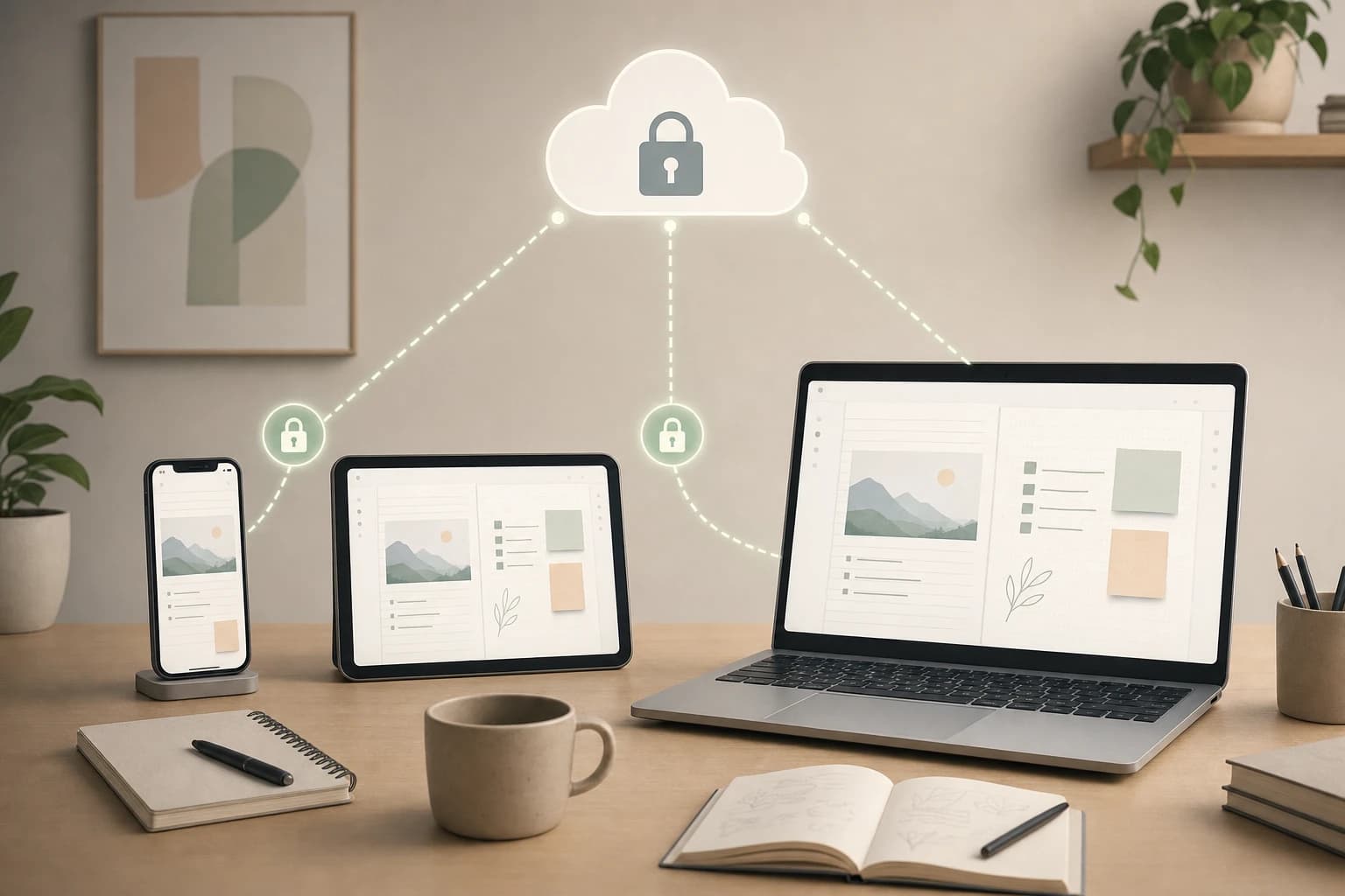 Privacy-focused note-taking setup showing encrypted cloud sync between phone tablet and laptop