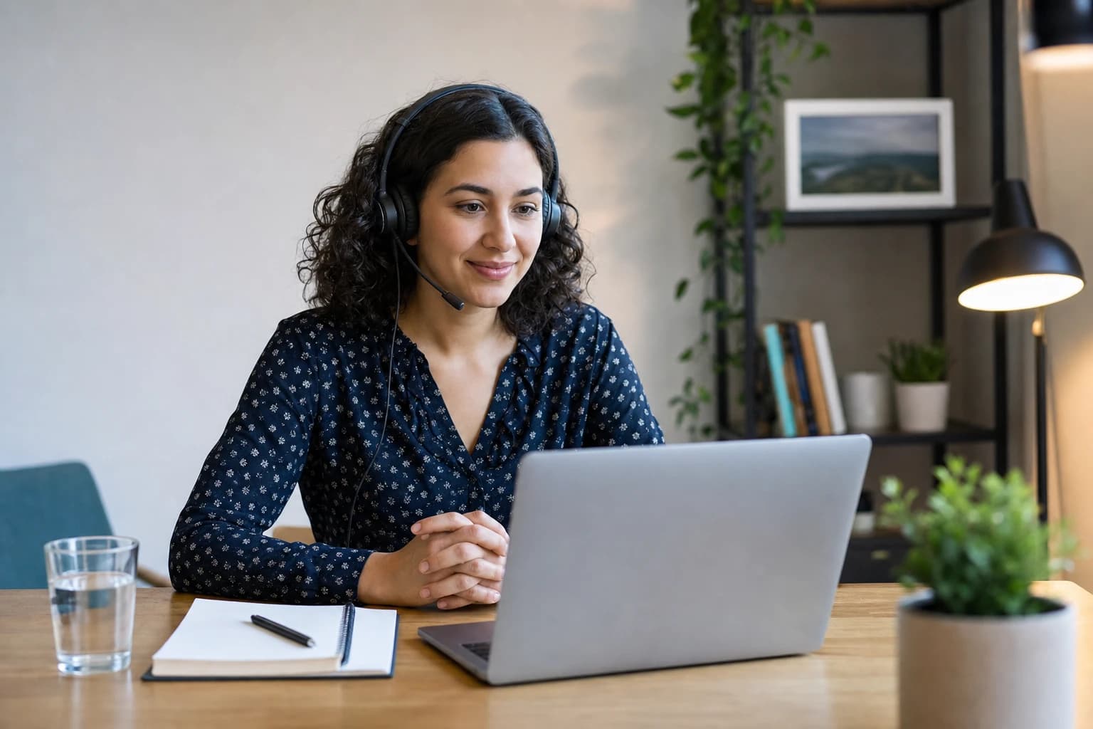 Professional remote job interview setup with laptop, notebook, headset, and clean desk