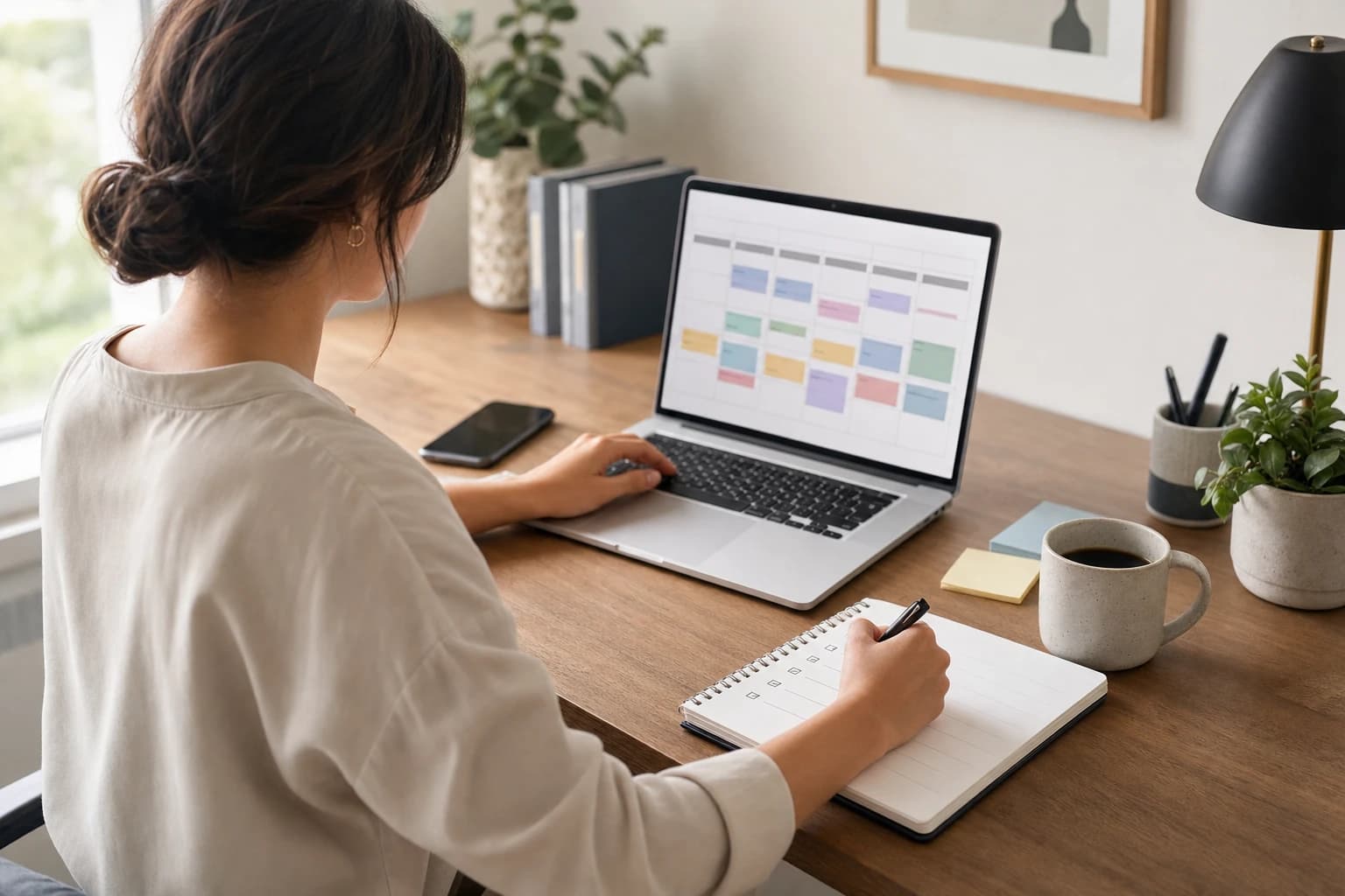 Professional reviewing a weekly calendar on a laptop with a notebook checklist beside it