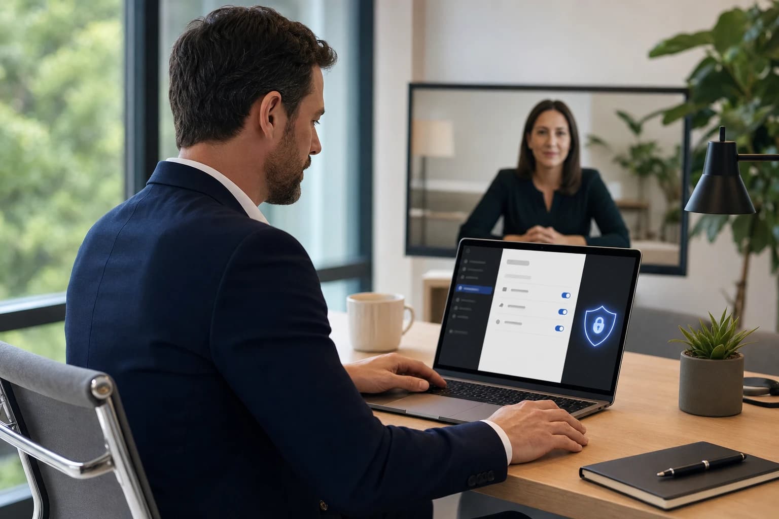 Professional reviewing AI meeting notes privacy settings before a client call