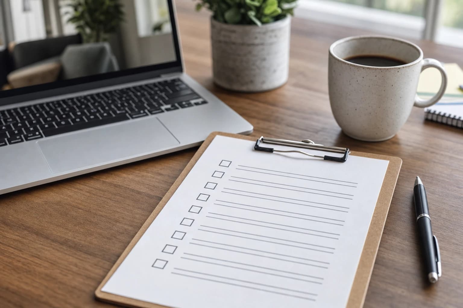Remote interview preparation checklist on a desk beside a laptop