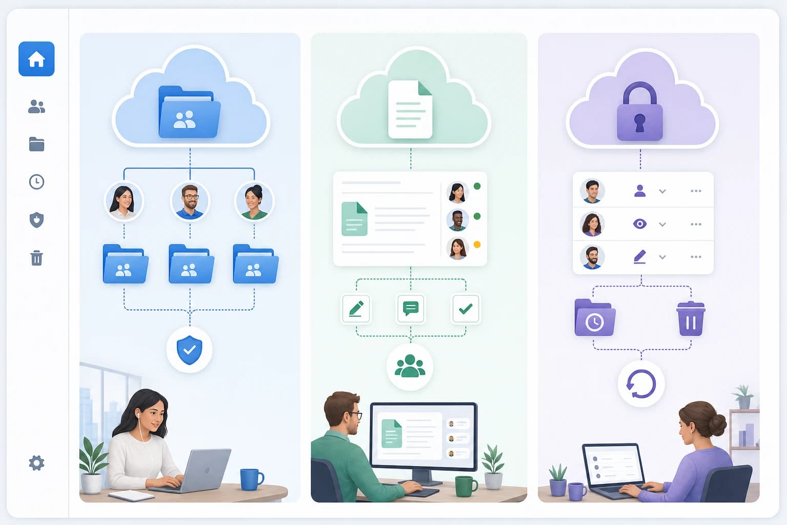 Remote team file management dashboard comparing Google Drive Dropbox and OneDrive workflows
