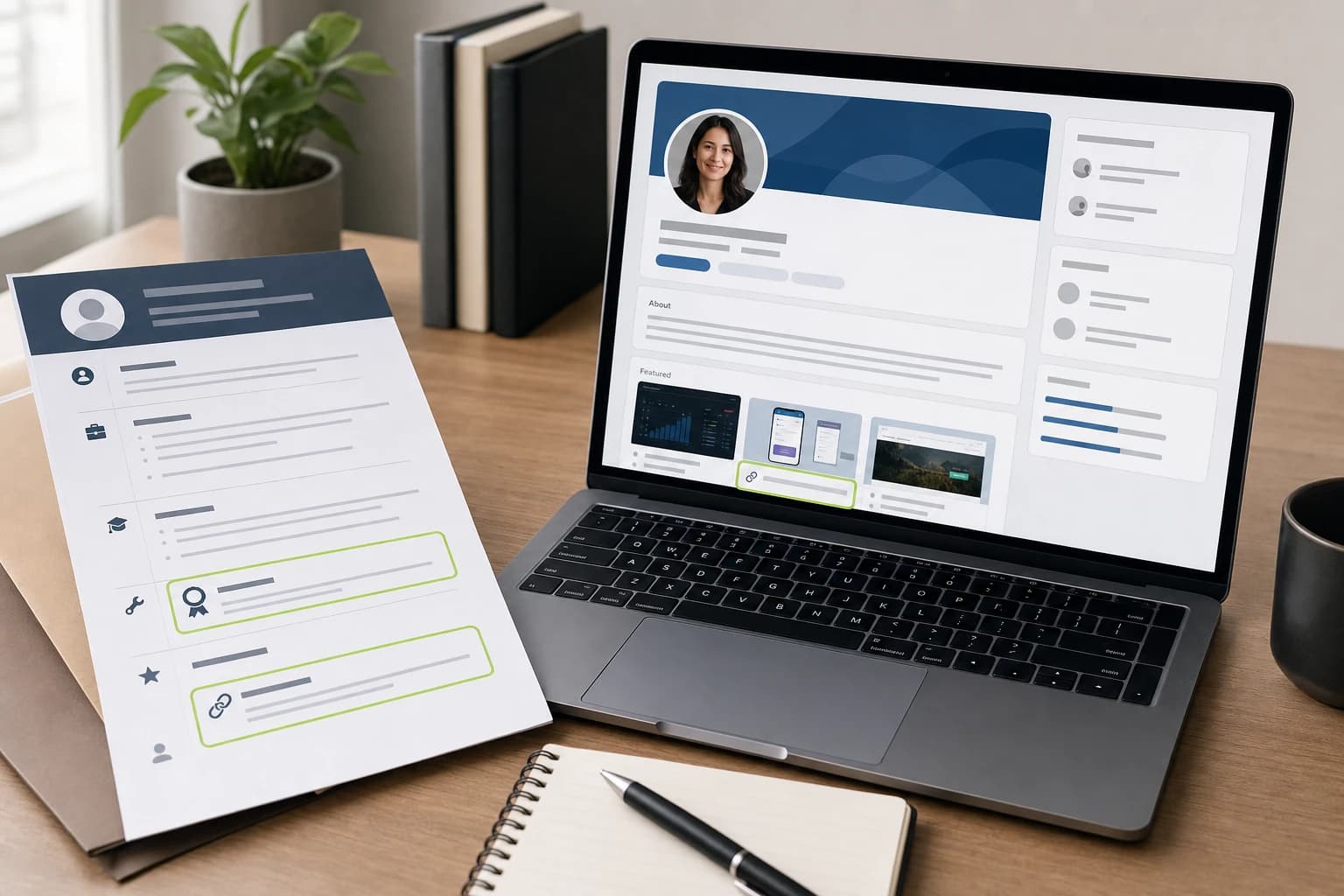 Resume and LinkedIn profile section highlighting an online certificate and linked portfolio project