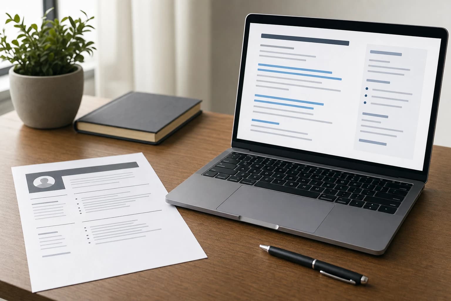 Resume document being reviewed beside a laptop with highlighted job description keywords