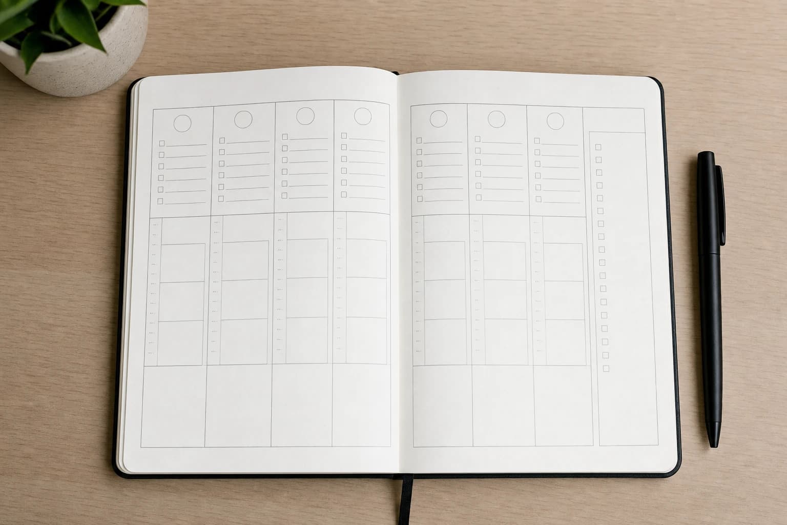 Seven-day progress tracker with checkboxes, time blocks, and a simple done column