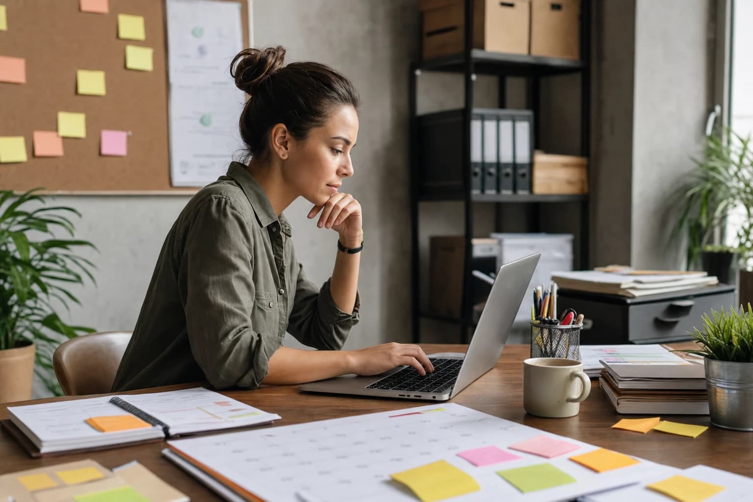 Small business owner reviewing freelancer project notes on a laptop