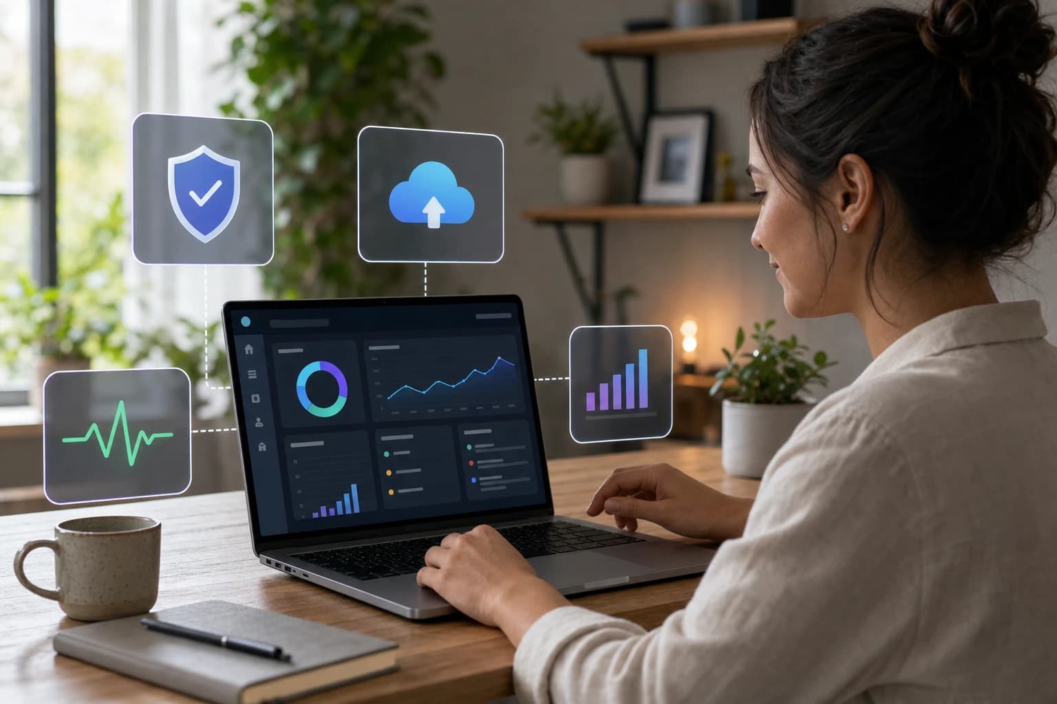 Small business owner reviewing website security backups analytics and uptime monitoring tools
