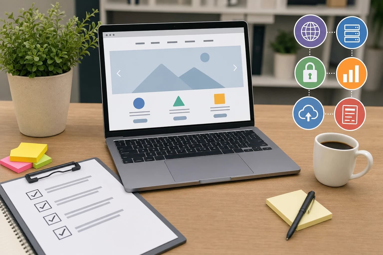 Small business website launch tools arranged as a practical checklist on a desk