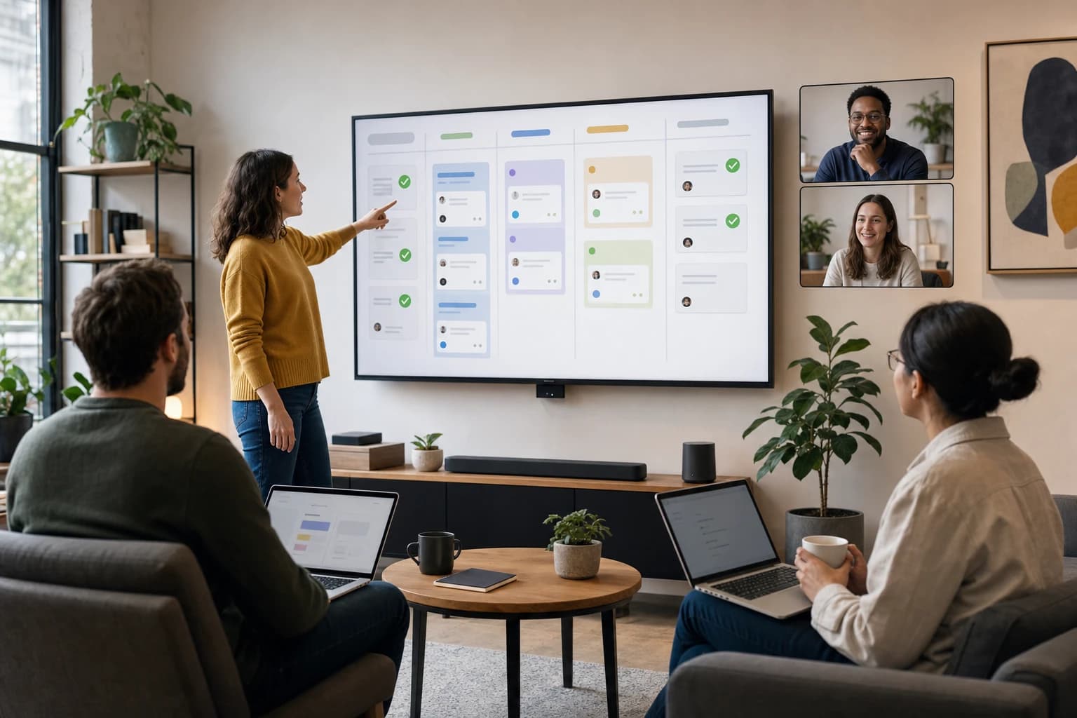 Small remote team reviewing shared project tasks on a large screen