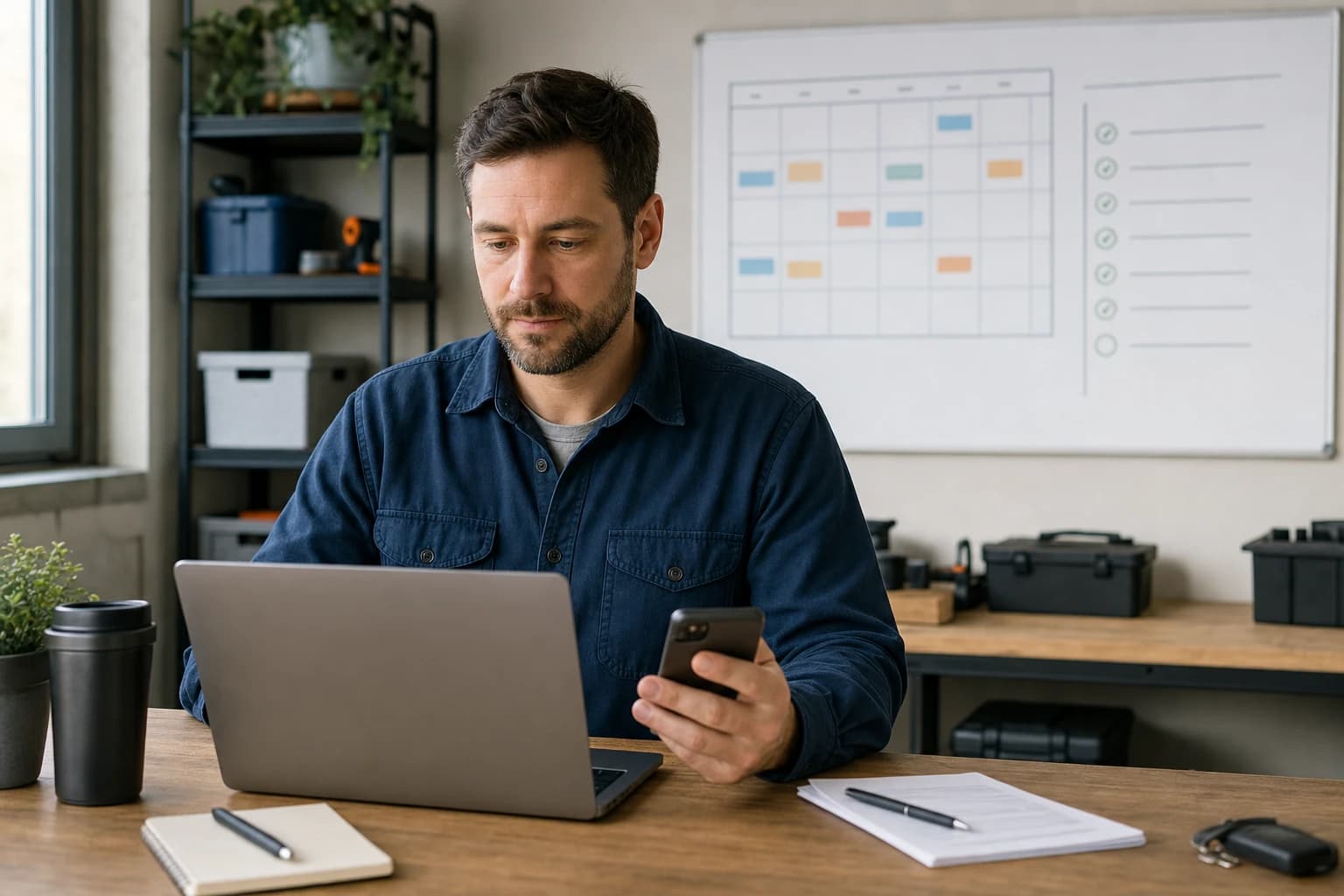 Small service business owner reviewing daily follow up reminders on a laptop and phone