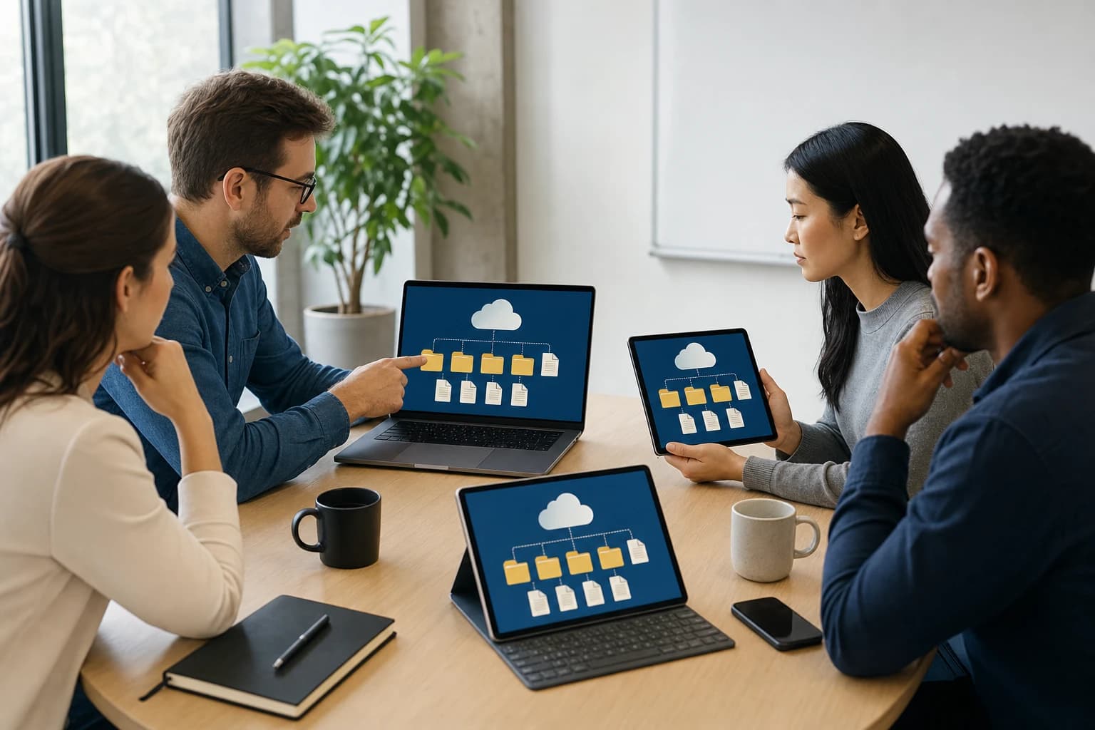 Small team comparing Google Drive Dropbox and OneDrive cloud storage options on laptops