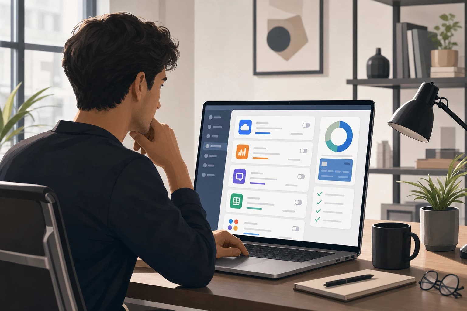 Startup founder reviewing SaaS subscriptions and app icons on a laptop