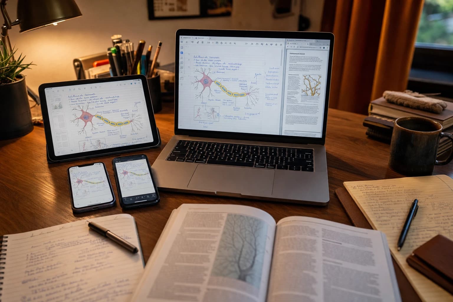 Student desk with iPhone Android phone tablet and laptop showing synced notes