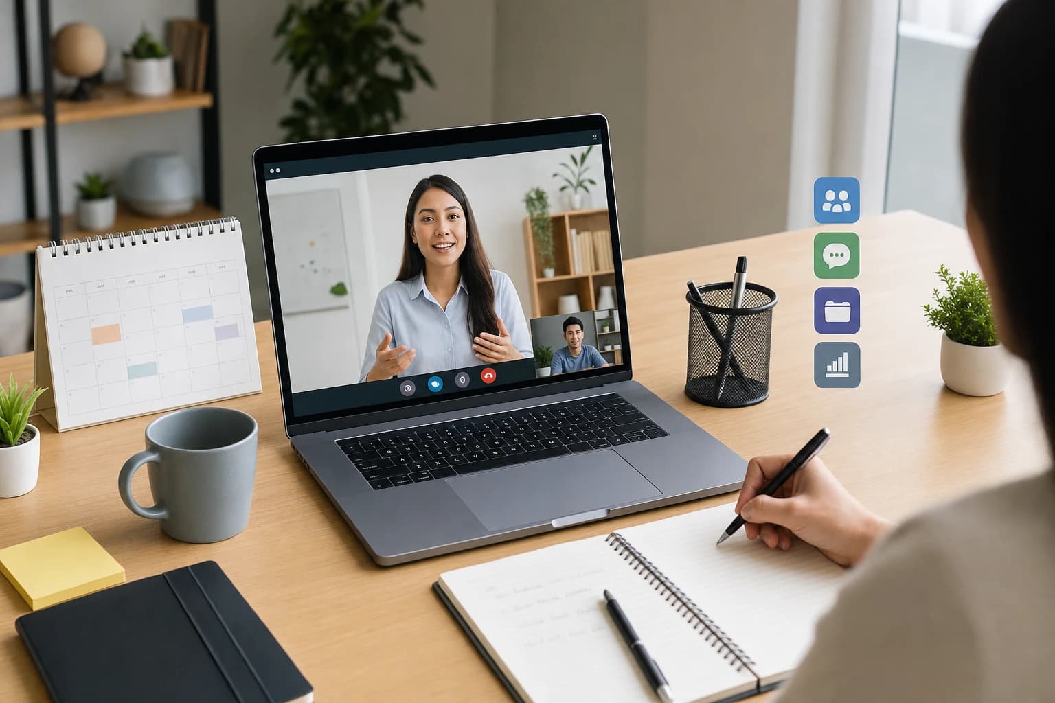Video call screen with remote interview notes, calendar, and collaboration tools