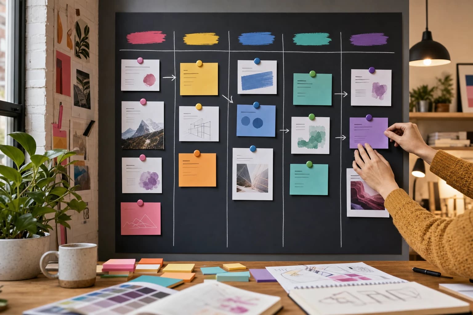Visual client project board with cards moving through workflow stages