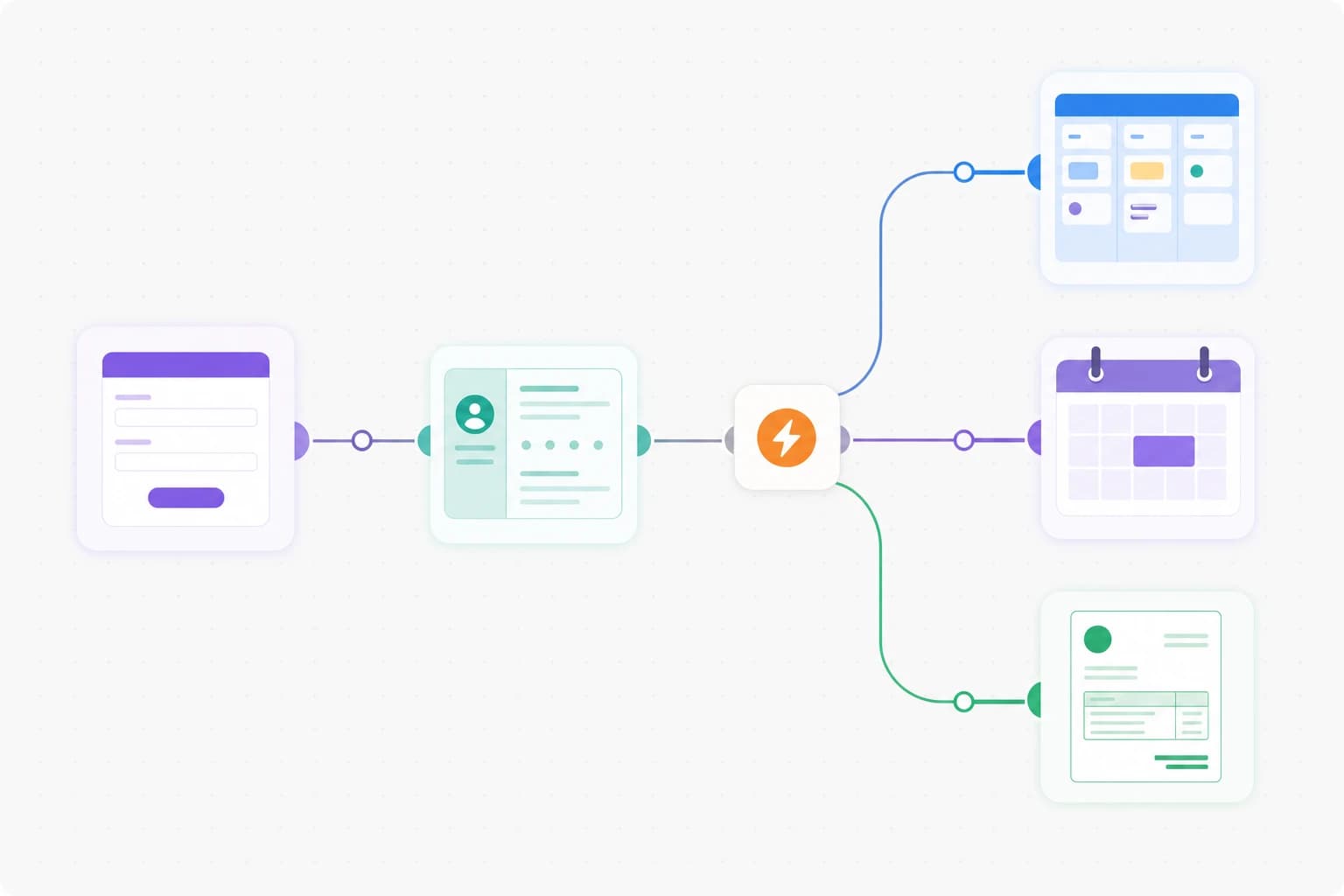 Visual freelance automation map connecting client form, CRM, project board, calendar, and invoice app